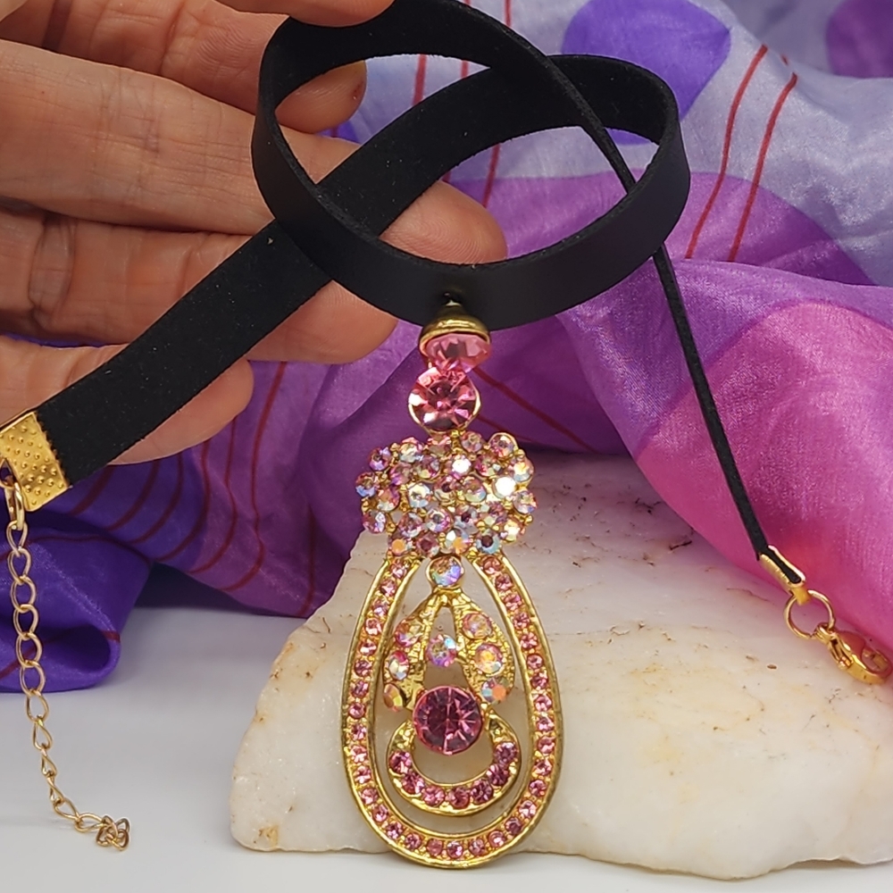 Victorian Style Medallion Gold Crystals Pendant Black Leather Cord